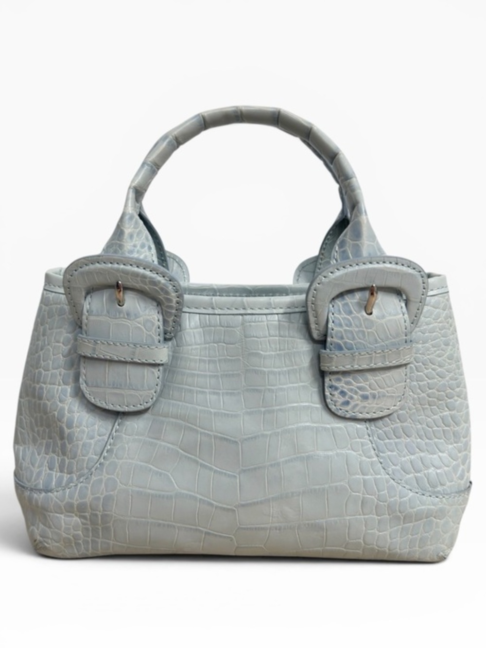 Cole Haan Light Blue Croc Embossed Leather Satchel Buckle Top Handle Purse Bag